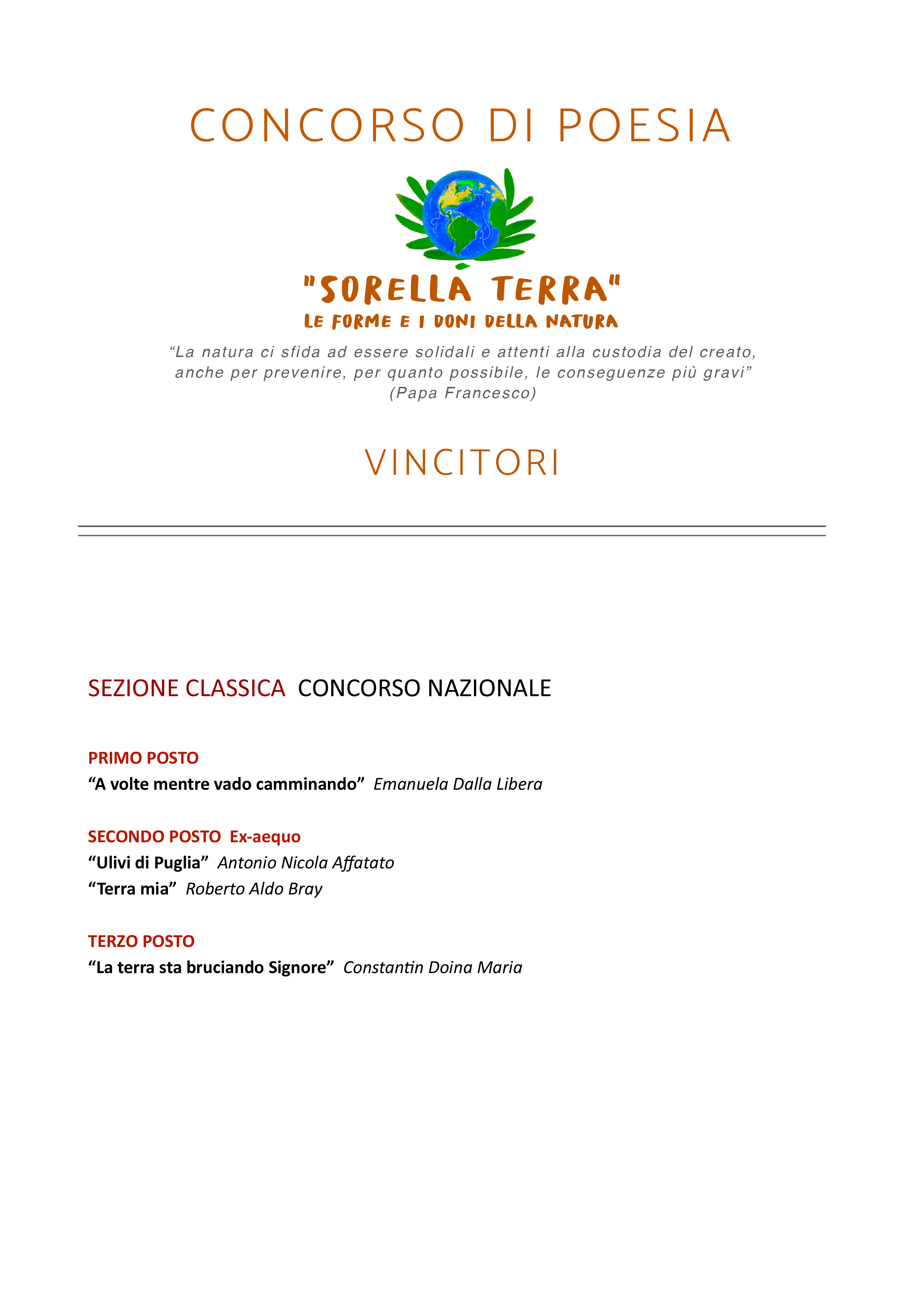 CLASSIFICA CONCORSO DI POESIA "Sorella Terra"